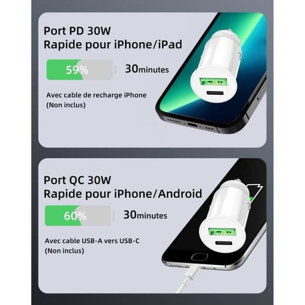 Cigarettändare Billaddare för Motorola Moto G9 Play USB till USB Typ C Snabbladdning 30W PD &amp; QC 3.0 - 2 portar
