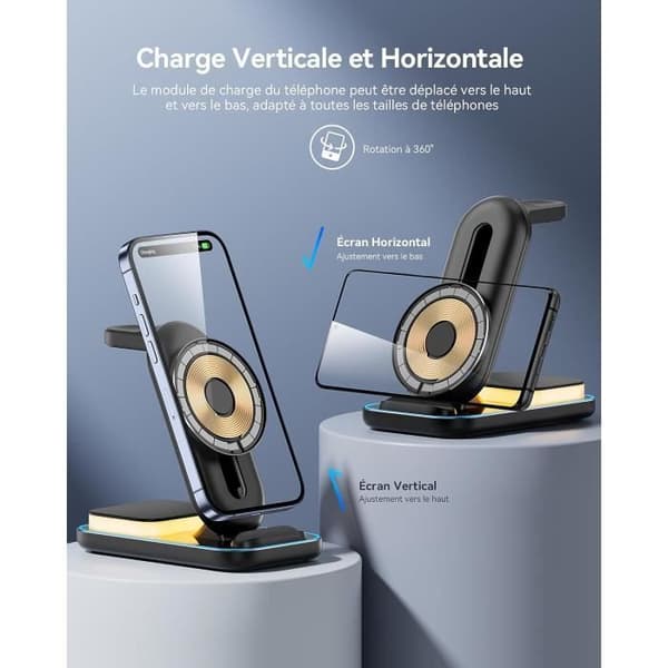 AGPTEK 4 IN 1 Mag-Safe Universal Snabb trådlös Laddningsstation med Nattljusadapter för iPhone Samsung Apple Watch AirPods