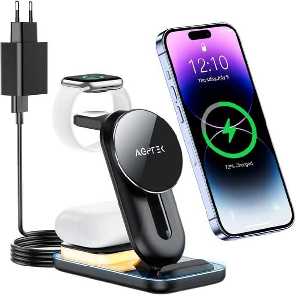 AGPTEK 4 IN 1 Mag-Safe Universal Snabb trådlös Laddningsstation med Nattljusadapter för iPhone Samsung Apple Watch AirPods