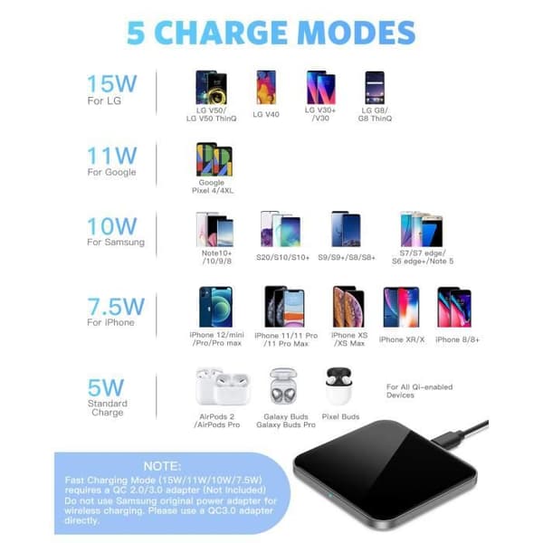 15W snabb trådlös laddare Qi snabbinduktionsladdare 15W/11W/10W/7.5W/5W för iPhone Samsung Huawei AirPods Pro