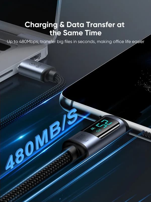SiGN USB-C till USB-C Kabel 100W med Display, 1.2m - Svart