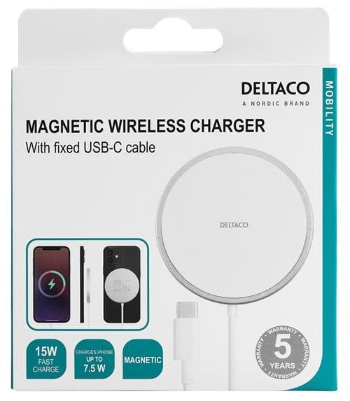 Deltaco Wireless Charger with MagSafe for iPhone & Android, 15W - White