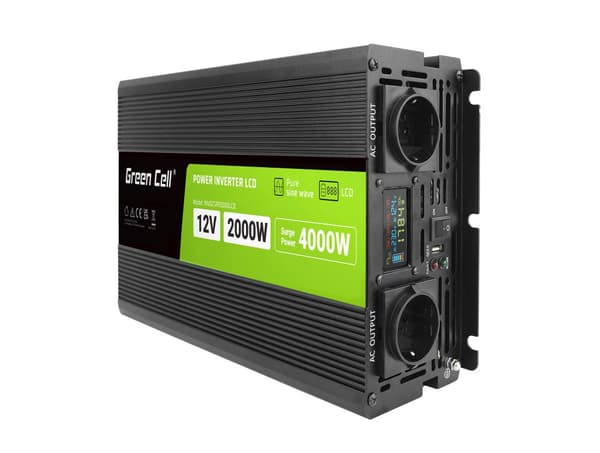 Green Cell PowerInverter LCD 12V 2000W/40000W bilväxelriktare med display - ren sinusvåg