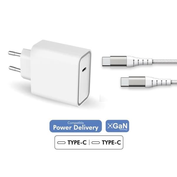 65W strömförsörjning GaN hemladdare + förstärkt USB C/USB C-kabel Livstidsgaranti White Force Power Lite Vit