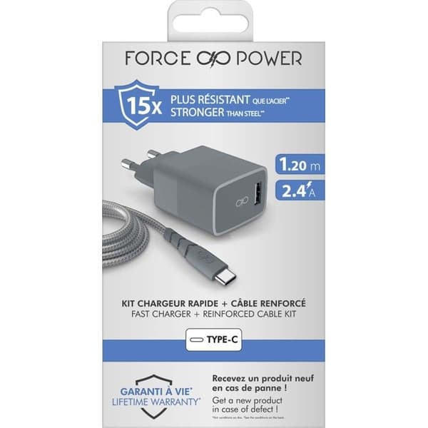 Force Power mobiltelefonladdare USB A nätladdare + USB C kabel 1,2m Recycle Grey