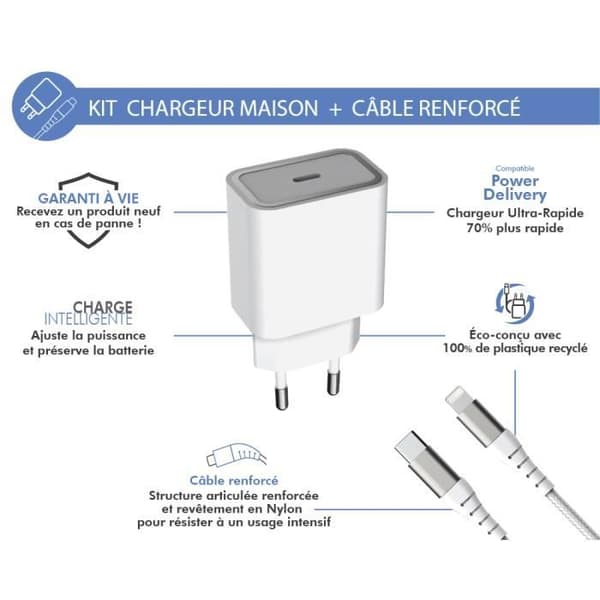 Hemladdare 20W Strömförsörjning + Förstärkt USB C/Lightning-kabel Livstidsgaranti Vit 100 % återvunnen plast Force Power Lite