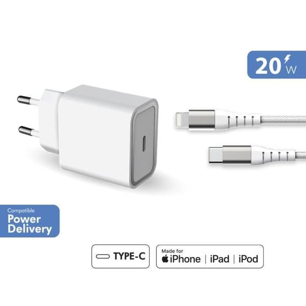 Hemladdare 20W Strömförsörjning + Förstärkt USB C/Lightning-kabel Livstidsgaranti Vit 100 % återvunnen plast Force Power Lite Vit