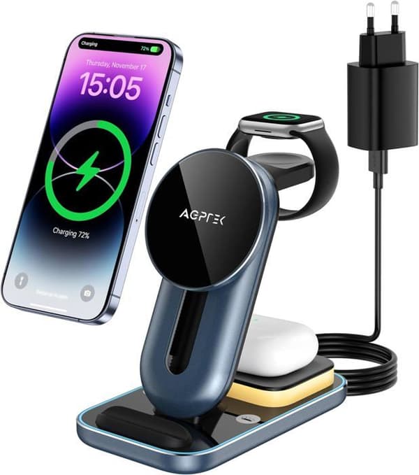AGPTEK 4 IN 1 Mag-Safe Universal Snabb trådlös Laddningsstation med Nattljusadapter för iPhone Samsung Apple Watch