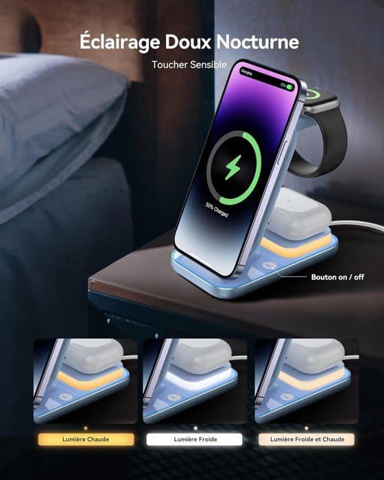 AGPTEK 4 IN 1 Mag-Safe Universal Snabb trådlös Laddningsstation med Nattljusadapter för iPhone Samsung Apple Watch