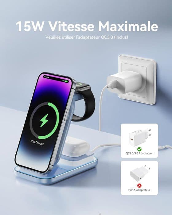 AGPTEK 4 IN 1 Mag-Safe Universal Snabb trådlös Laddningsstation med Nattljusadapter för iPhone Samsung Apple Watch