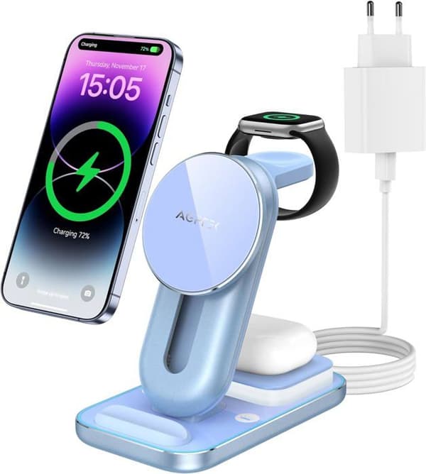 AGPTEK 4 IN 1 Mag-Safe Universal Snabb trådlös Laddningsstation med Nattljusadapter för iPhone Samsung Apple Watch