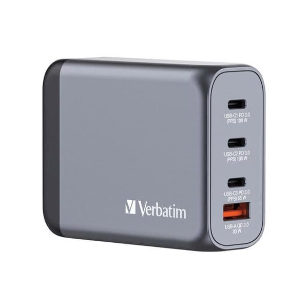TELEFON, LADDARE, VÄGG, Verbatim Gnc-100 Gan Laddare 4 Portar 100w Egenskaper Huvudfärg Grigio Antal USB-portar Svart, Grå