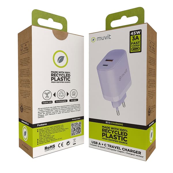 Muvit For Change Usb-a Og Usb-c Vægoplader 36w + Pd 45w