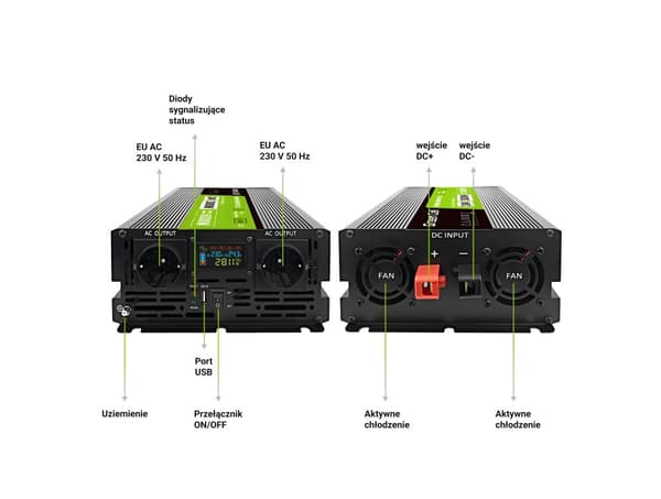Green Cell Przetwornica napicia PowerInverter LCD 24 V 3000W/60000W Przetwornica samochodowa z wywi