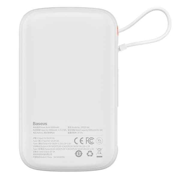 Qpow powerbank 10000mAh indbygget USB Type C-kabel 22,5W Quick Charge hvid