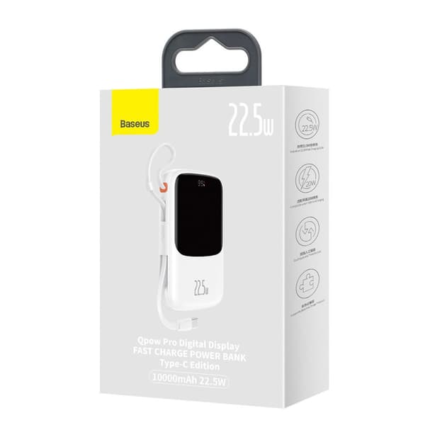 Qpow powerbank 10000mAh indbygget USB Type C-kabel 22,5W Quick Charge hvid