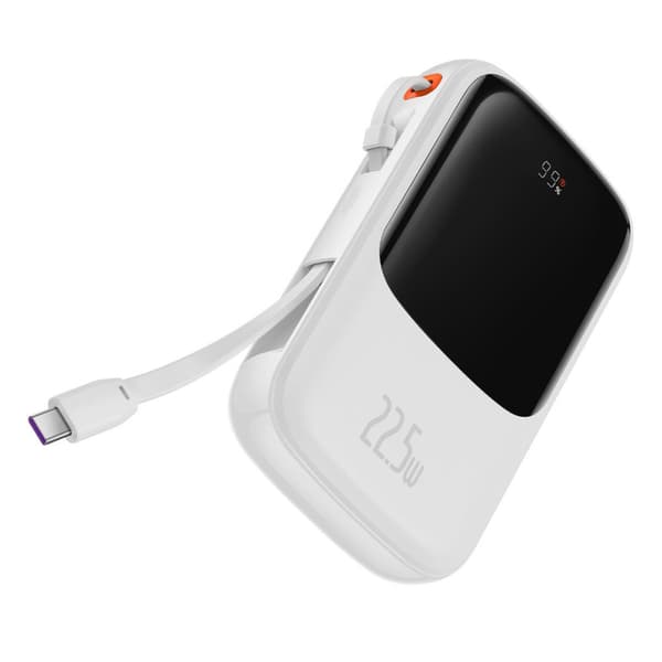 Qpow powerbank 10000mAh indbygget USB Type C-kabel 22,5W Quick Charge hvid