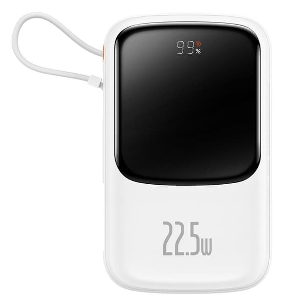 Qpow powerbank 10000mAh indbygget USB Type C-kabel 22,5W Quick Charge hvid
