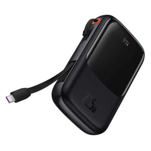 Powerbank med hurtigopladning 10000mAh 22,5W QC-PD-SCP-FCP USB-C kabel sort