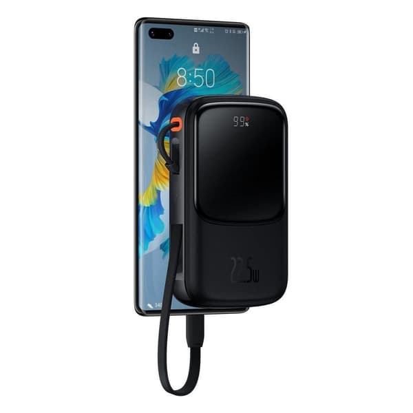 Powerbank med hurtigopladning 10000mAh 22,5W QC-PD-SCP-FCP USB-C kabel sort