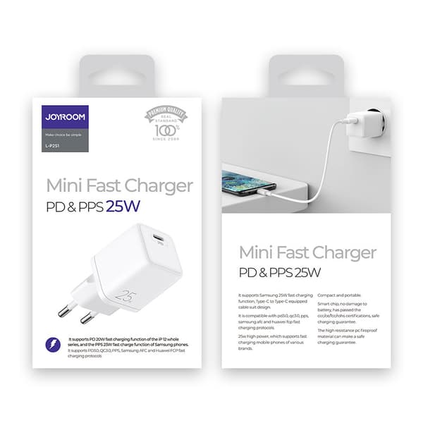 Lille hurtig oplader, USB-C PD strømforsyning 5-12V 25W - hvid