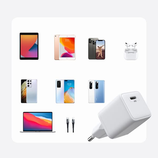 Lille hurtig oplader, USB-C PD strømforsyning 5-12V 25W - hvid