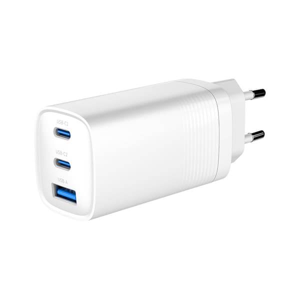 GaN 65W USB PD seinälaturi – 2xUSB-C & 1xUSB, QC 3.0 tuki Valkoinen
