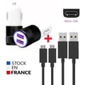 Miniatyrbild 1 av 4: Autoladdarpaket + 2 Micro USB-kablar för Samsung Galaxy A02s Ultrakraftig och snabb laddare 2X (5V - 2.1A) + 1M Kabel - SVART.