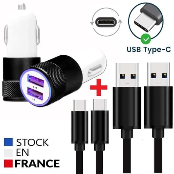 Autoladdarpaket + 2 Micro USB-kablar för Doogee S96 Pro Ultrakraftig och snabb laddare 2X (5V - 2.1A) + 1M kabel - SVART.