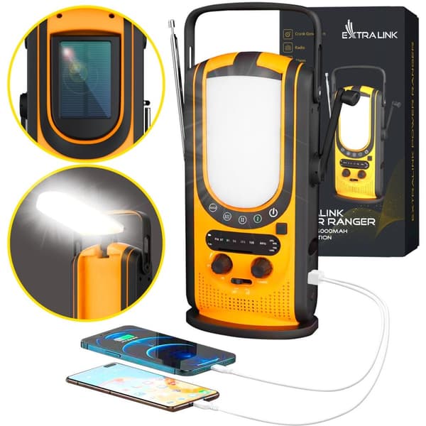 Extralink Power Ranger EPS-6000 | Powerbank | 6000mAh, FM radio, LED lampe, Dynamo, Solpanel Sort, Gul
