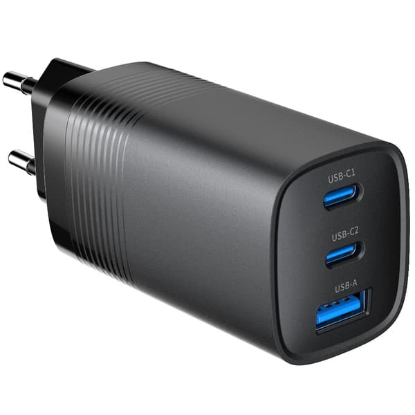 USB-pikalaturi 65W PD QC 3.0 1xUSB 2xUSB-C - Musta