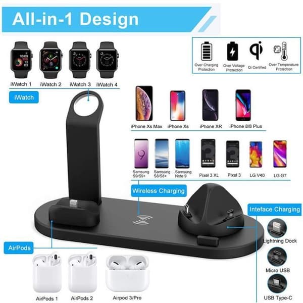 4 i 1 snabb trådlös laddare - Laddare för Apple Watch 5/4/3/2/1 iPhone11/Pro/X/XR/XS/8/Plus, AirPods1,2 AirPods (Vit)