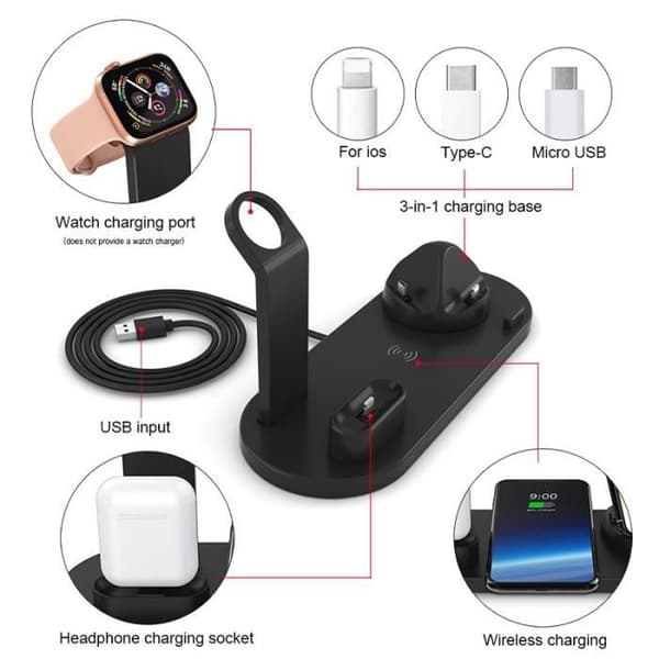 4 i 1 snabb trådlös laddare - Laddare för Apple Watch 5/4/3/2/1 iPhone11/Pro/X/XR/XS/8/Plus, AirPods1,2 AirPods (svart)