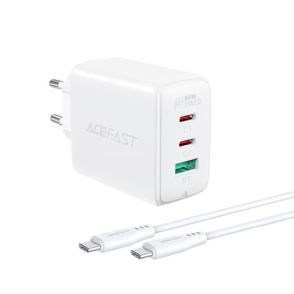 2-i-1 vægoplader 2x USB-C USB 65W + hvidt USB-C kabel