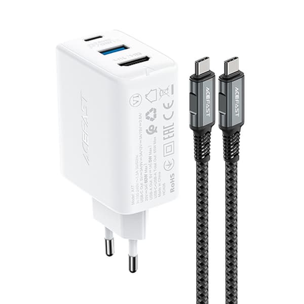 2-i-1 väggladdare med USB-C-kabel + USB-C - HDMI 4K-adapter vit