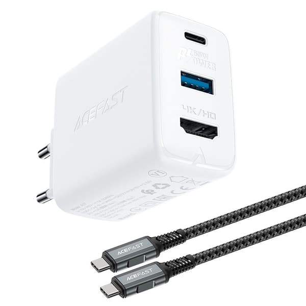 2-i-1 väggladdare med USB-C-kabel + USB-C - HDMI 4K-adapter vit
