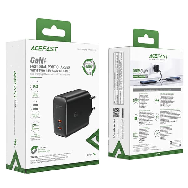 A29 GaN vægoplader, to USB-C PD-porte, 50W, sort