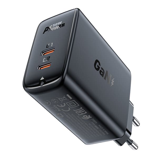 A29 GaN vægoplader, to USB-C PD-porte, 50W, sort