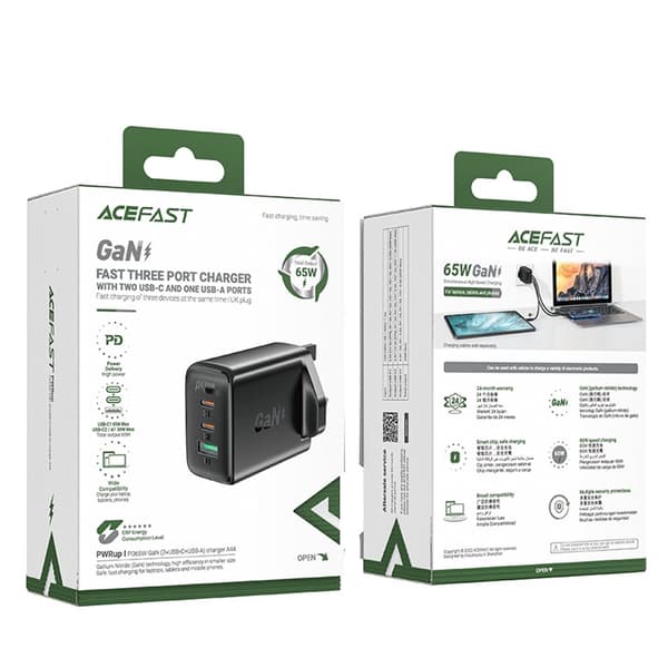 Netoplader Engelsk stik UK GaN 65W 1x USB 2x USB-C PD sort