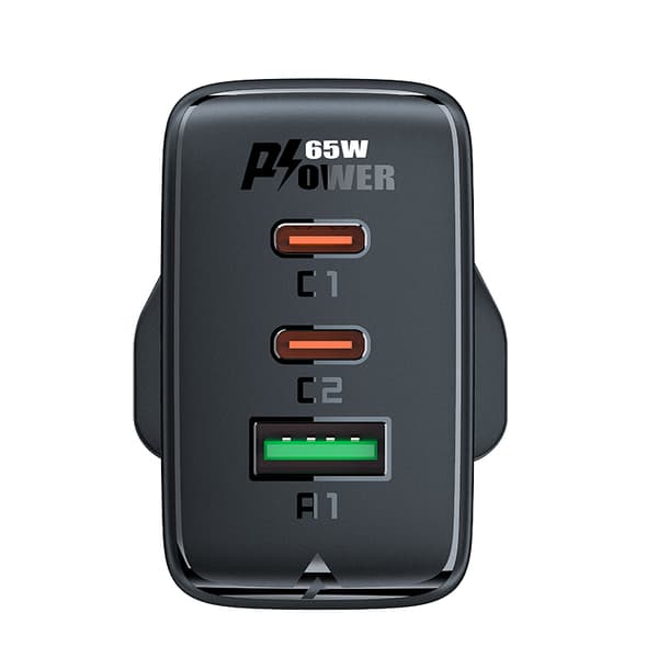 Netoplader Engelsk stik UK GaN 65W 1x USB 2x USB-C PD sort