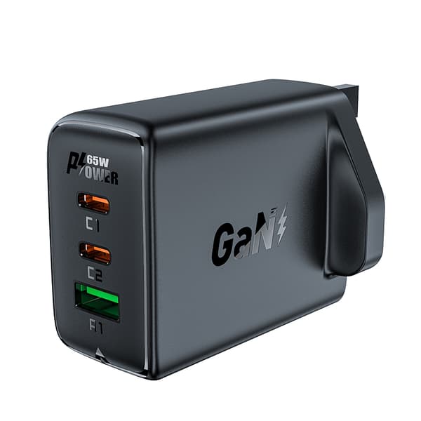 Netoplader Engelsk stik UK GaN 65W 1x USB 2x USB-C PD sort