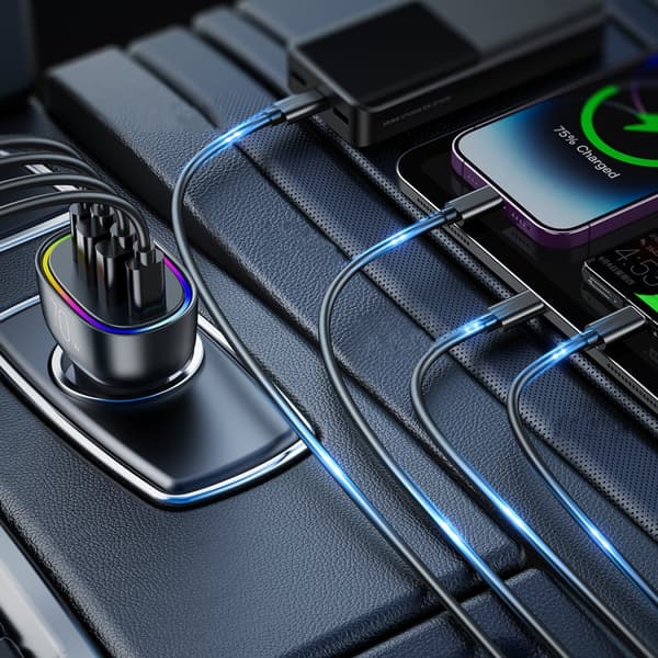 70W biloplader med 4 porte 2x USB-C PD 2x USB QC sort
