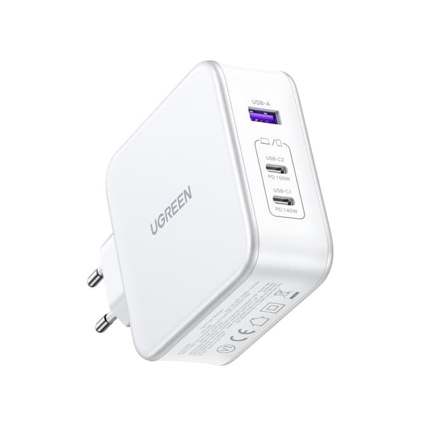 GaN Nexode USB-A 2x USB-C 140W vægoplader + USB-C kabel 1,5m hvid