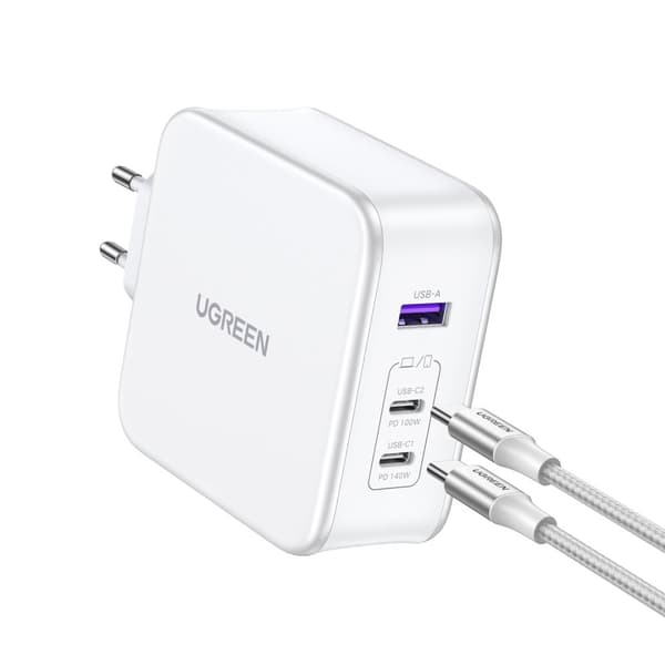 GaN Nexode USB-A 2x USB-C 140W vægoplader + USB-C kabel 1,5m hvid