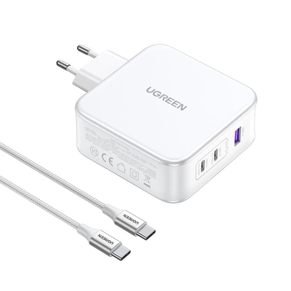 GaN Nexode USB-A 2x USB-C 140W vægoplader + USB-C kabel 1,5m hvid