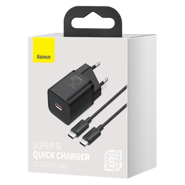 Super Si QC PD 25W 3A hurtigoplader + USB-C kabel 1m sort