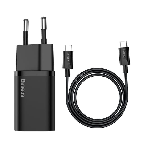 Super Si QC PD 25W 3A hurtigoplader + USB-C kabel 1m sort Sort