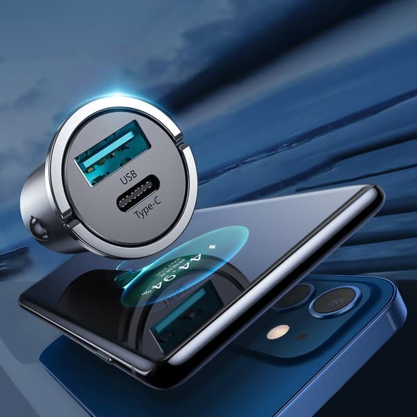 Hurtig USB-C biloplader USB 45W 5A PD QC 3.0 AFC SCP grå