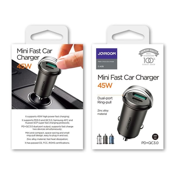 Hurtig USB-C biloplader USB 45W 5A PD QC 3.0 AFC SCP grå