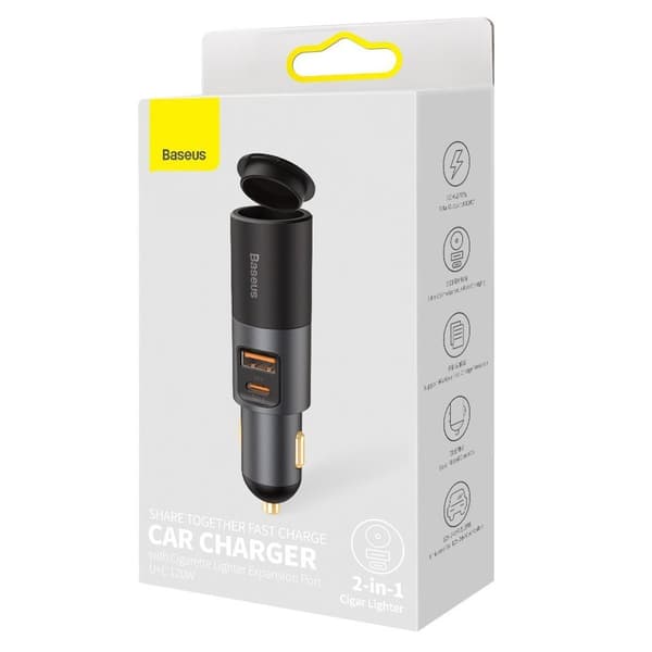 USB biloplader USB-C cigarettænderstik QC PD Share Together grå
